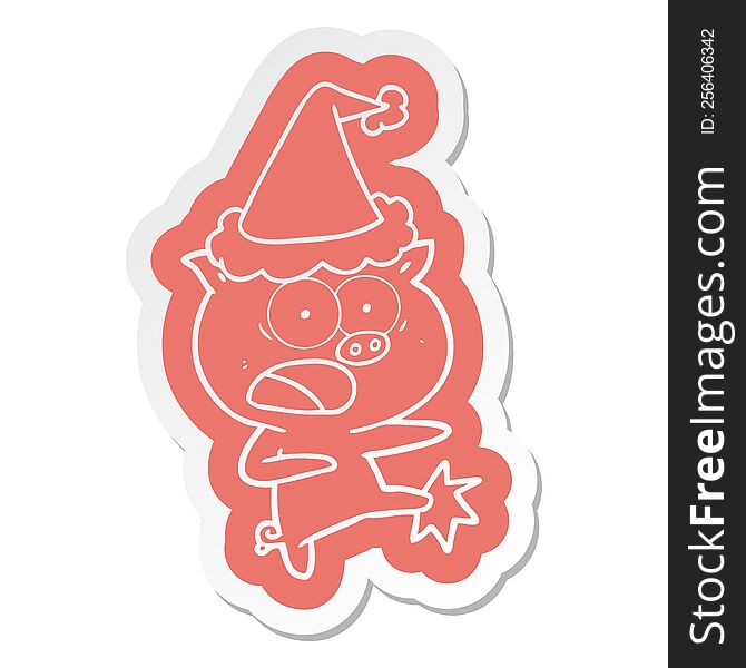 quirky cartoon  sticker of a pig shouting and kicking wearing santa hat