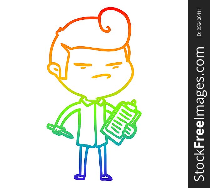 rainbow gradient line drawing of a cartoon cool guy with fashion hair cut and clip board