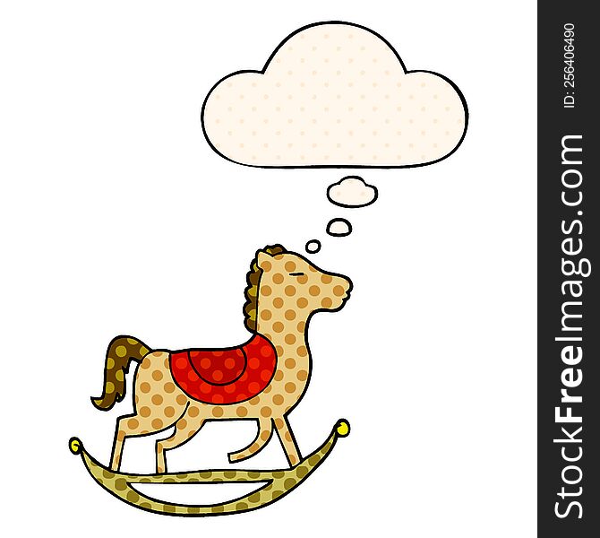 cartoon rocking horse with thought bubble in comic book style
