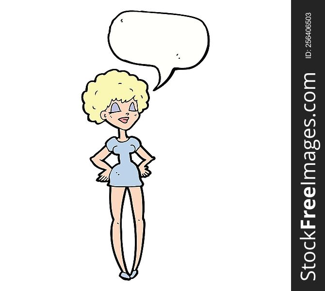 Cartoon Happy Woman With Hands On Hips With Speech Bubble