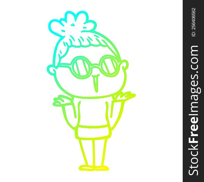 Cold Gradient Line Drawing Cartoon Shrugging Woman Wearing Spectacles