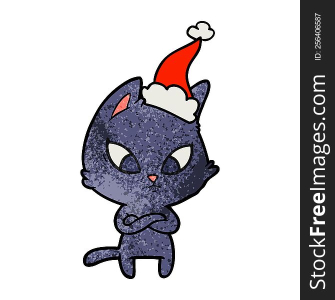 Confused Textured Cartoon Of A Cat Wearing Santa Hat