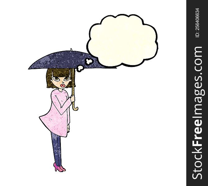 cartoon woman with umbrella with thought bubble