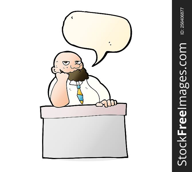 cartoon bored man at desk with speech bubble