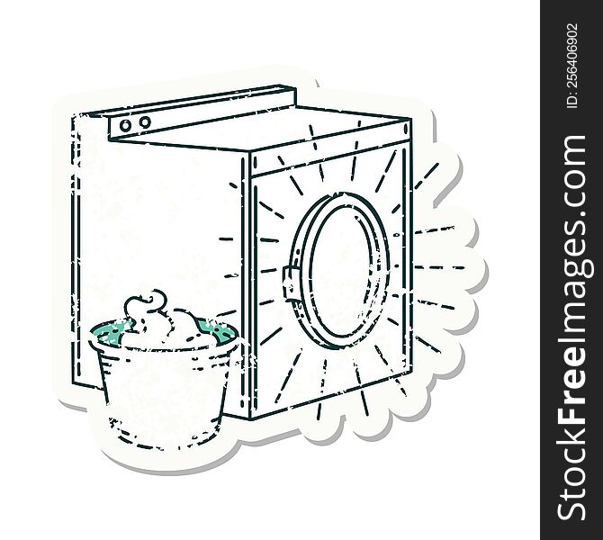 worn old sticker of a tattoo style washing machine. worn old sticker of a tattoo style washing machine