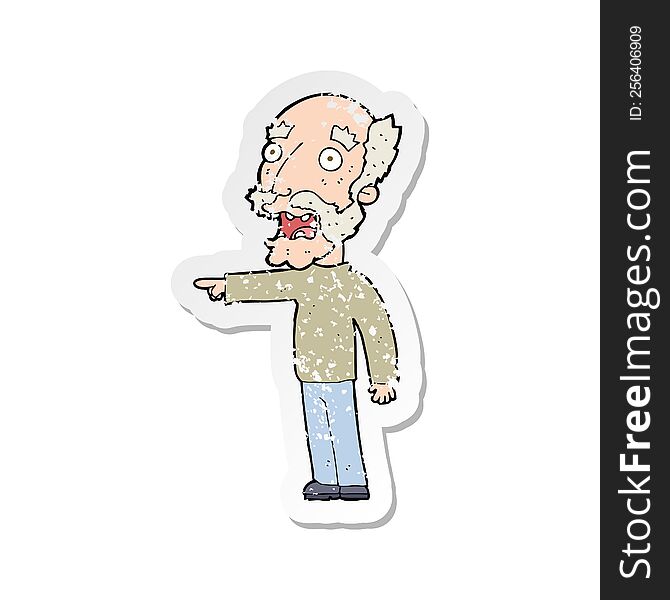 Retro Distressed Sticker Of A Cartoon Scared Old Man Pointing