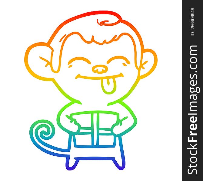 Rainbow Gradient Line Drawing Funny Cartoon Monkey With Christmas Present