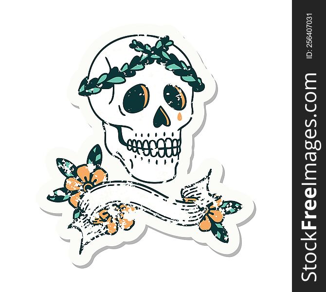 grunge sticker with banner of a skull with laurel wreath crown