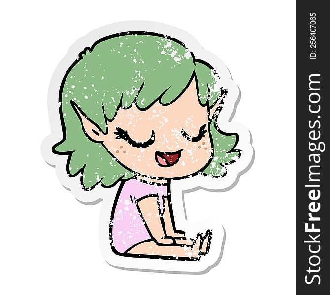 distressed sticker of a happy cartoon elf girl sitting on floor