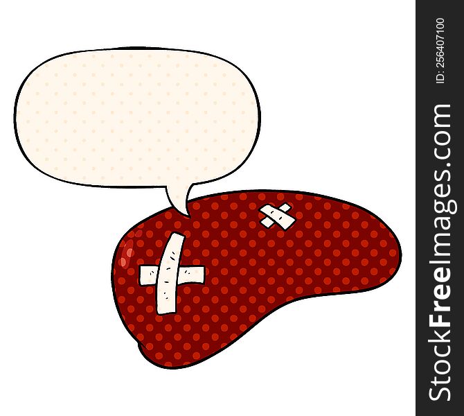 cartoon repaired liver with speech bubble in comic book style