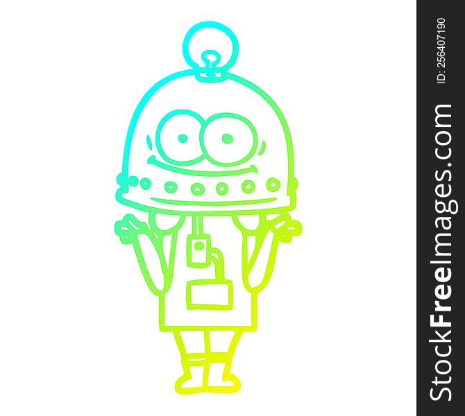 Cold Gradient Line Drawing Happy Carton Robot With Light Bulb