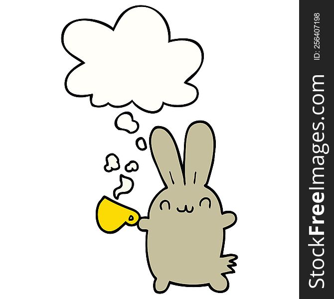 cute cartoon rabbit drinking coffee with thought bubble