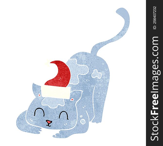 freehand retro cartoon cat wearing christmas hat