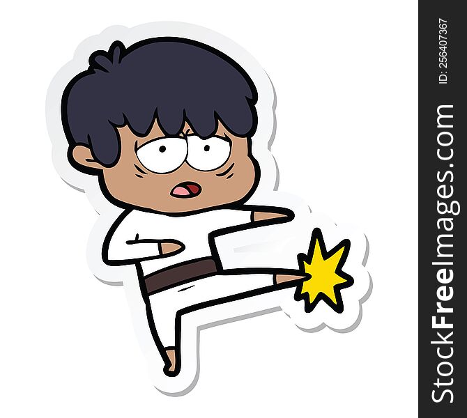 Sticker Of A Cartoon Exhausted Boy Doing Karate