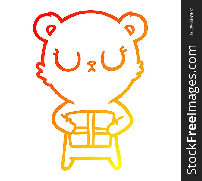 warm gradient line drawing of a peaceful cartoon bear with present