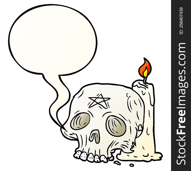 Cartoon Spooky Skull And Candle And Speech Bubble In Smooth Gradient Style