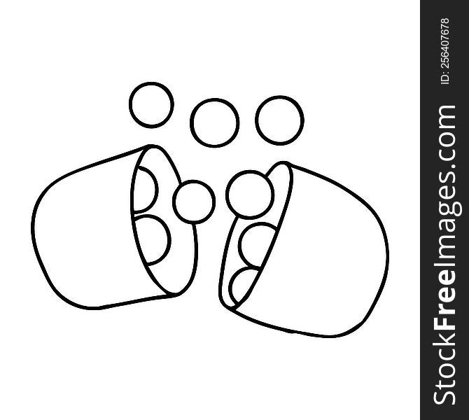 line drawing illustration of opened medicine tablet. line drawing illustration of opened medicine tablet