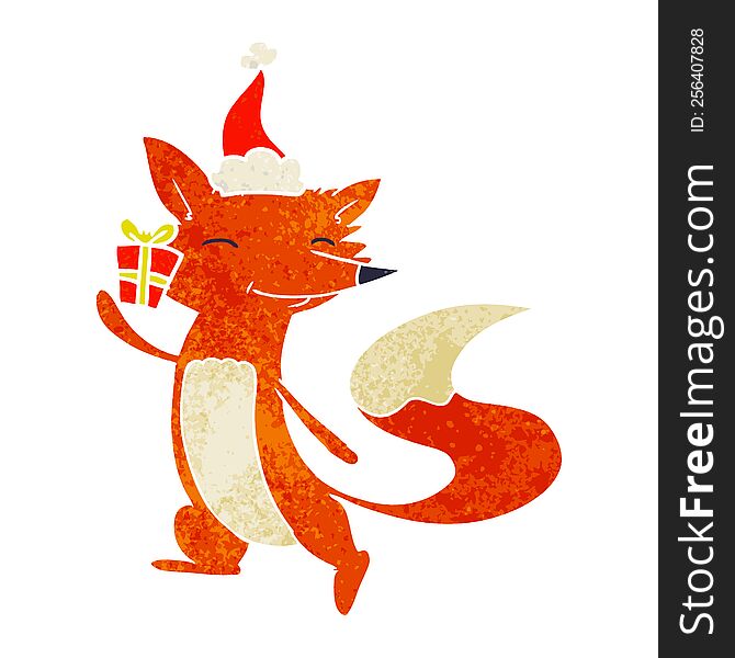 Retro Cartoon Of A Happy Fox Wearing Santa Hat