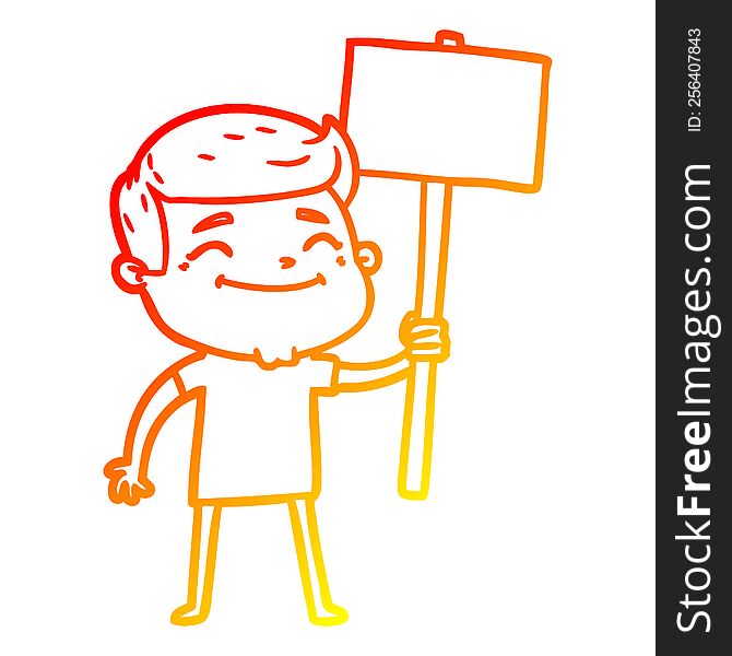 warm gradient line drawing of a happy cartoon man with placard