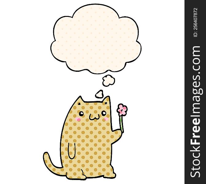 cute cartoon cat with flower with thought bubble in comic book style