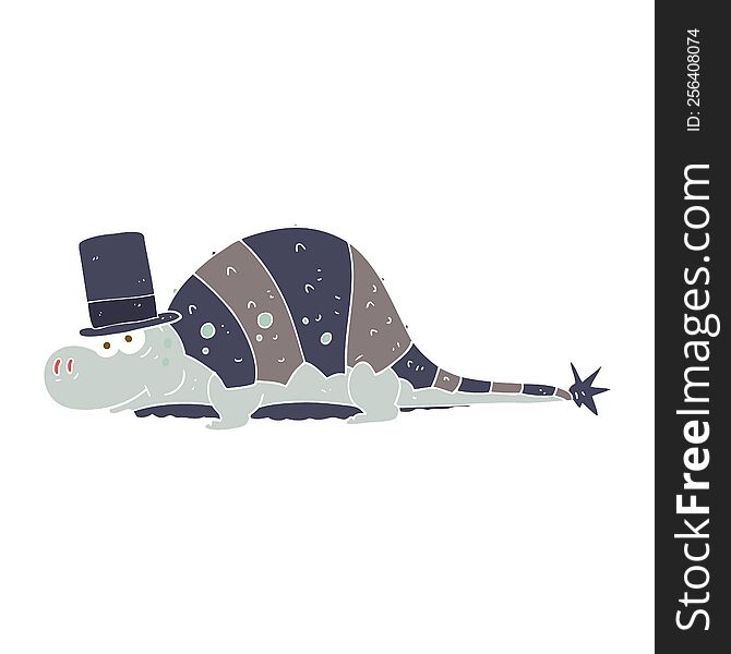 Flat Color Illustration Of A Cartoon Dinosaur In Top Hat