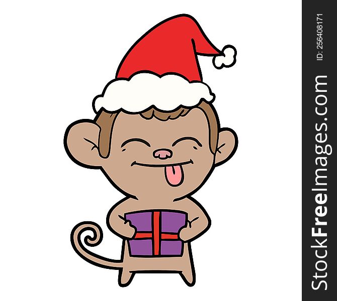 funny hand drawn line drawing of a monkey with christmas present wearing santa hat