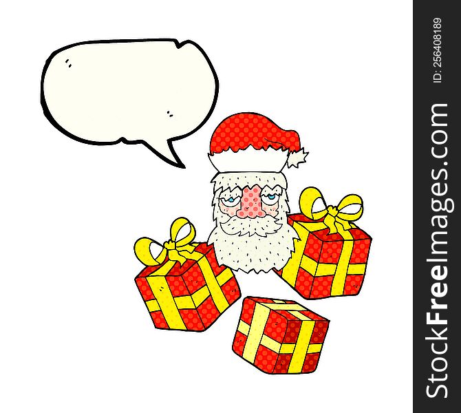 freehand drawn comic book speech bubble cartoon tired santa claus face with presents