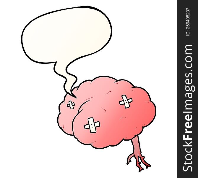 cartoon injured brain with speech bubble in smooth gradient style
