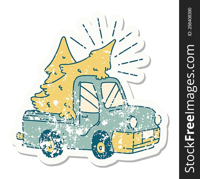 grunge sticker of tattoo style truck carrying trees