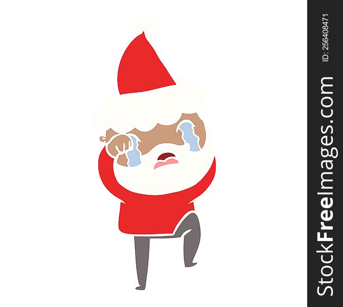 flat color illustration of a bearded man crying and stamping foot wearing santa hat