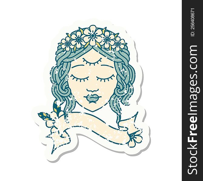Grunge Sticker With Banner Of Female Face With Third Eye