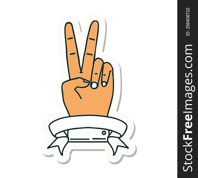 Peace Two Finger Hand Gesture With Banner Sticker