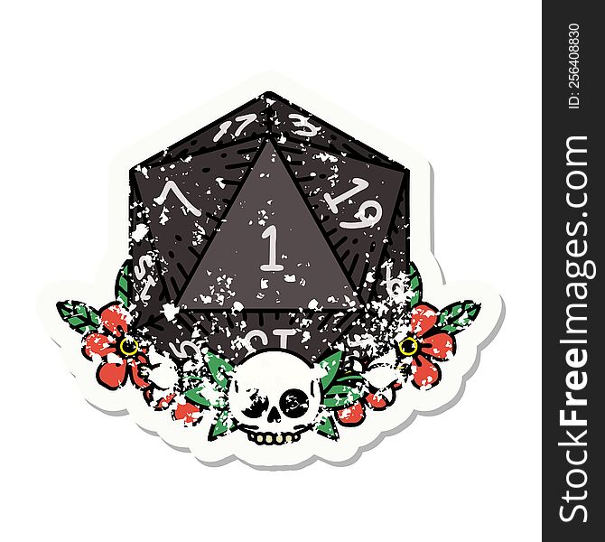 grunge sticker of a natural one dice roll with floral elements. grunge sticker of a natural one dice roll with floral elements