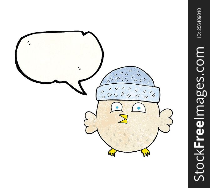 freehand speech bubble textured cartoon owl wearing hat