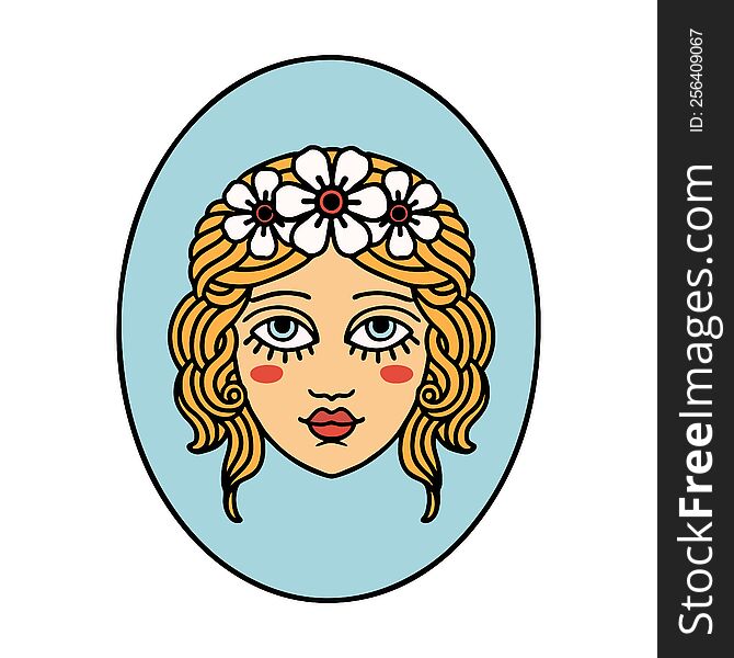 tattoo in traditional style of a maiden with flowers in her hair. tattoo in traditional style of a maiden with flowers in her hair