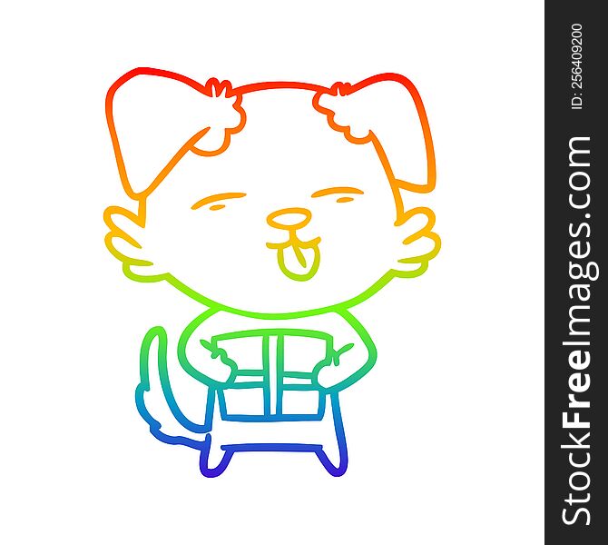 Rainbow Gradient Line Drawing Cartoon Dog With Christmas Present