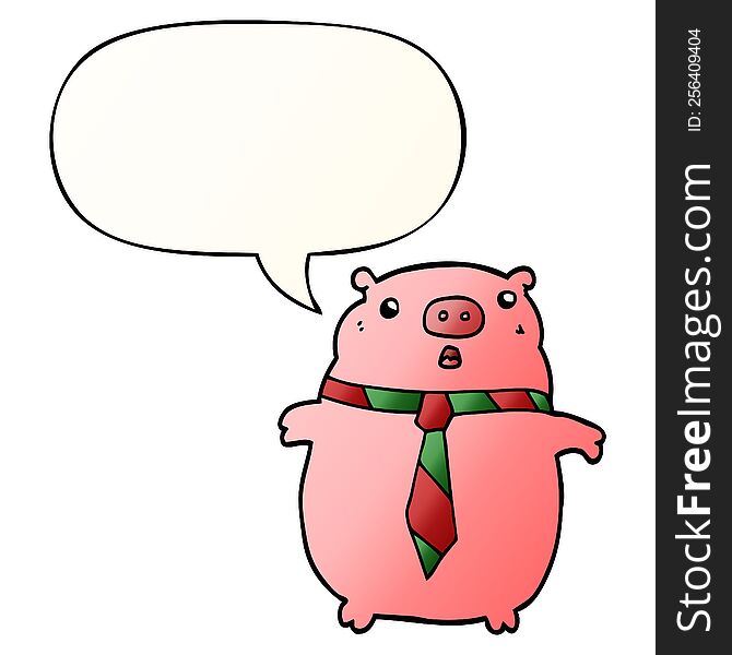 Cartoon Pig Wearing Office Tie And Speech Bubble In Smooth Gradient Style