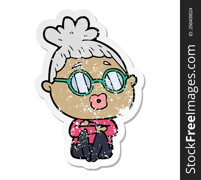 Distressed Sticker Of A Cartoon Sitting Woman Wearing Spectacles