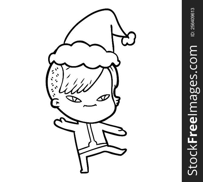 Cute Line Drawing Of A Girl With Hipster Haircut Wearing Santa Hat