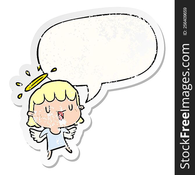 cute cartoon angel and speech bubble distressed sticker