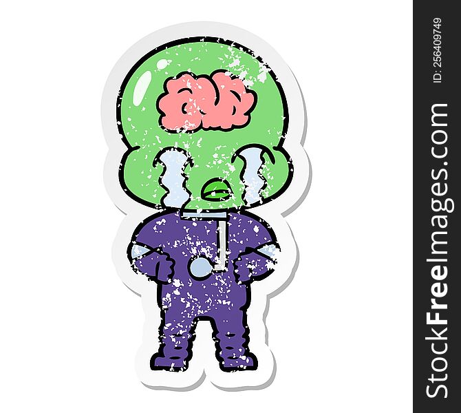 Distressed Sticker Of A Cartoon Big Brain Alien Crying