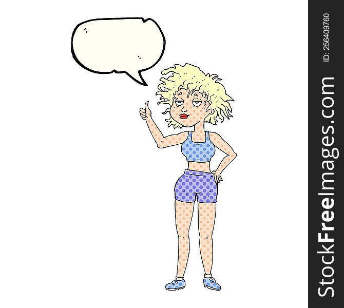 freehand drawn comic book speech bubble cartoon tired gym woman