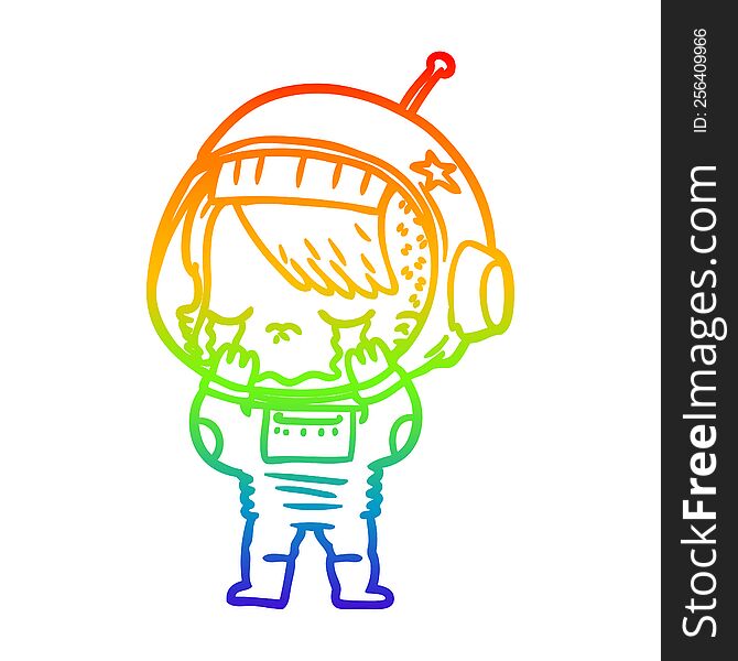 Rainbow Gradient Line Drawing Cartoon Crying Astronaut Girl
