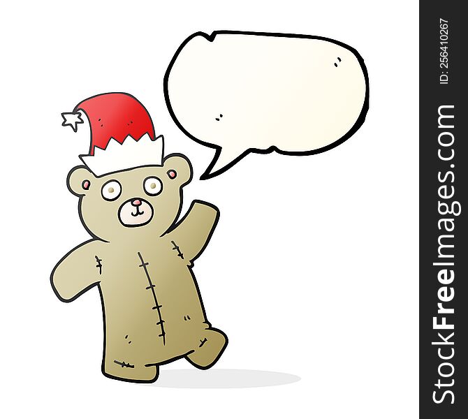 freehand drawn speech bubble cartoon teddy bear wearing christmas hat