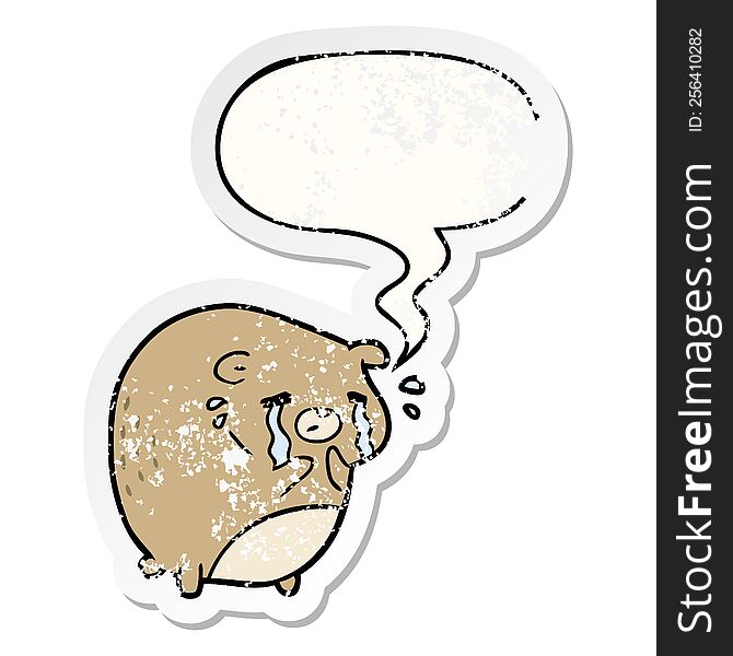 Cartoon Crying Bear And Speech Bubble Distressed Sticker