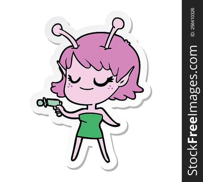 sticker of a smiling alien girl cartoon pointing ray gun