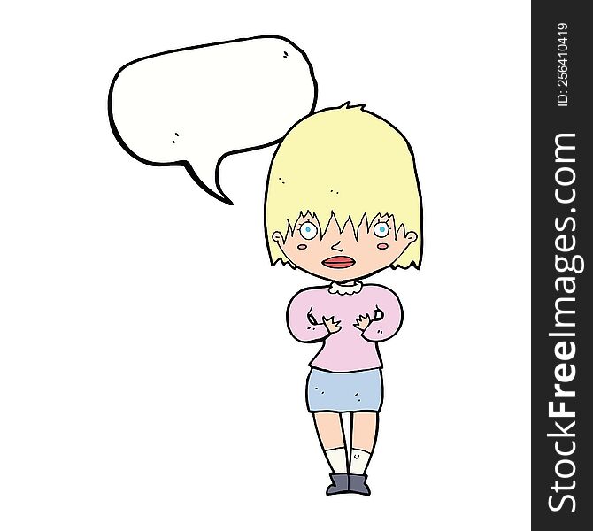 cartoon woman making Who Me? gesture with speech bubble