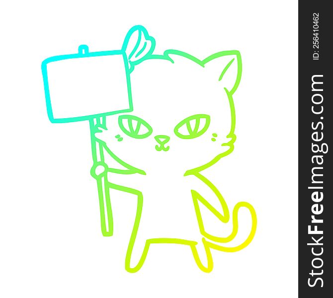 cold gradient line drawing of a cute cartoon cat with protest sign