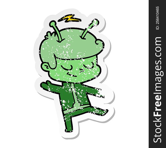 Distressed Sticker Of A Friendly Cartoon Spaceman Dancing