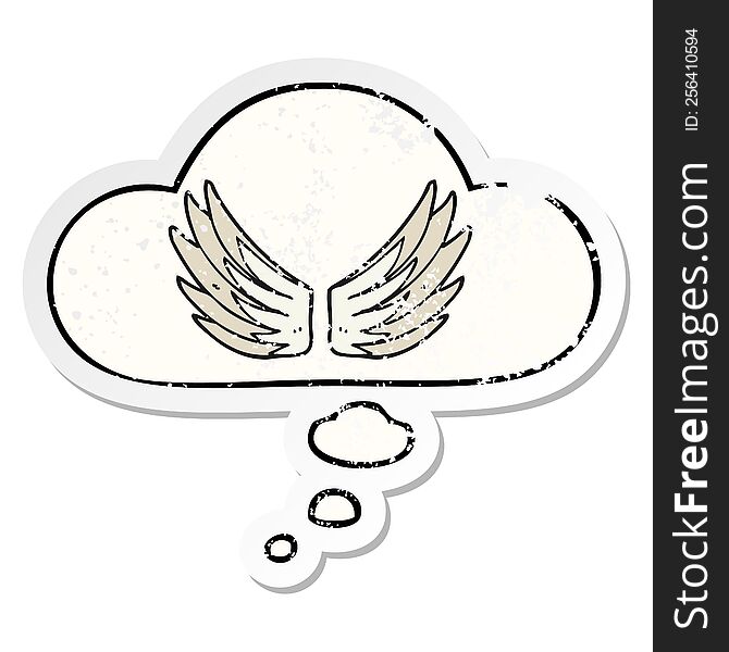 cartoon wings symbol with thought bubble as a distressed worn sticker